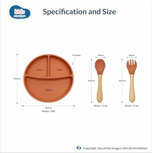 Image of Kids Station 3 Piece BPA-Free Silicone Baby Feeding Set - Baby Plate - Spoon and Bowl - Make Mealtime Fun - Microwave Safe - Unbreakable Eco-Friendly - Organic & Natural (Plate (Set of 3), Orange)