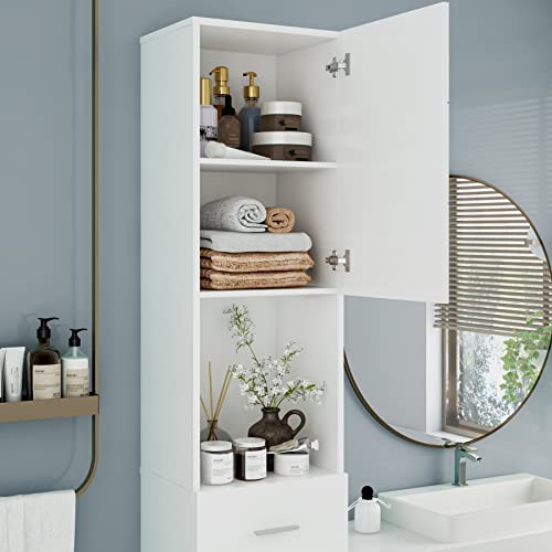 FOREHILL 180cm Tall Bathroom Cabinet Slim Bathroom Storage Unit Narrow Cupboard Free Standing with 2 Doors 1 Drawer for Small Space White 37 x 30 x 180cm - Image 2
