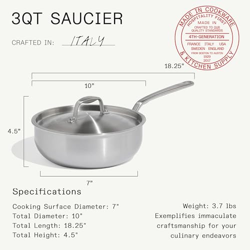 Image of Made In Cookware - 3 QT CeramiClad Non Stick Saucier with Lid (Stainless Handle)- 5-Ply Stainless Clad with Stay-Cool Handle - Professional Cookware - Crafted in Italy - Induction Compatible