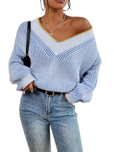 Image of Cakulo Womens Fall 2025 Oversized Striped V Neck Sweaters Long Sleeve Knit Color Block Trendy Pullover Sweater Top