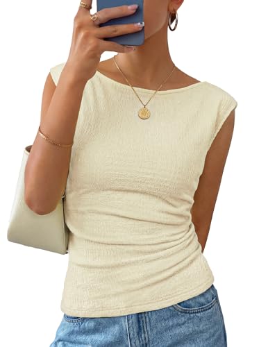 ZESICA Womens Summer Ruched Trendy Tank Top 2026 Cap Sleeve Boat Neck Slim Fit Cute Tops Going Out Tee Shirts Fashion Apricot Small
