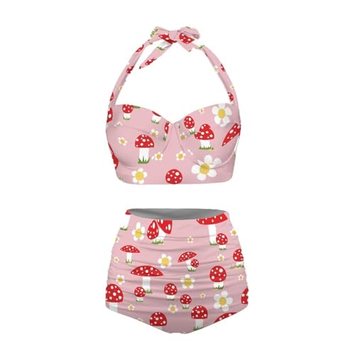 Annejudy Mushroom Daisy Pattern Women Two Piece Bikini Set Swimsuit Push Up Beachwear Sexy Bathing Suits Halter Tops with High Waist Bottom Bikini Sets, Pink