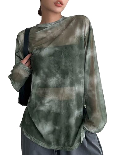 Verdusa Women's Y2k Tie Dye Sheer Mesh Top Drop Shoulder Long Sleeve Oversized Rave Streetwear Tops
