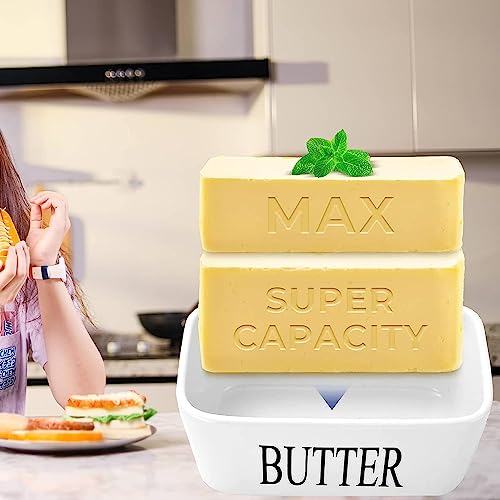 Image of MEETOZ Ceramic Butter Dish with Wooden Lid, Airtight Butter Keeper for Counter or Fridge with Stainless Steel Multipurpose Butter Knife, Butter Container with Double High-Quality Silicone