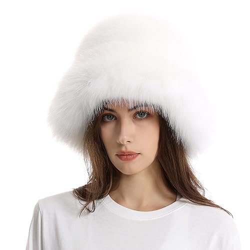 Fuzzy Bucket Hat for Women Winter Fluffy Furry Faux Fur Hats Plush Rainbow Cute Womens Bucket Hats White