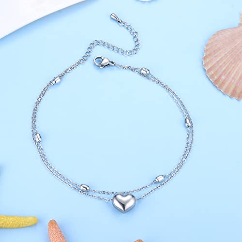 Fibo Steel Stainless Steel Ankle Bracelet For Women Beads Heart Figaro Link Cubic Zirconia Anklet,Heart Silver #TOP1