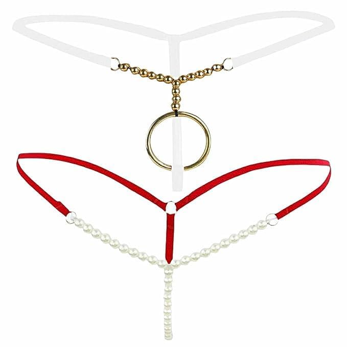 Polyester Men's and Women's Thong Bikini Metal O Ring Type Pearl G-String Low Waist Lingerie Thong, Free Size Hot and Sexy