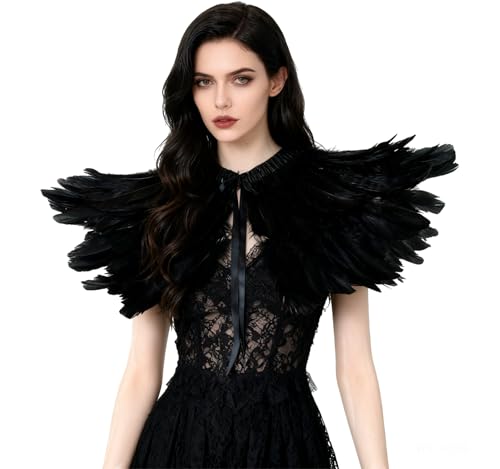 keland Hommes Gothique Cape Châle Épaulettes Bolero Étole Col en Plumes Costume d'Halloween Cosplay(X - Noir)