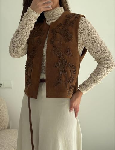 Image of hathne Embroidered Faux Suede Vest for Women Floral Embroidered Vest Sleeveless Open Front Vintage Vests