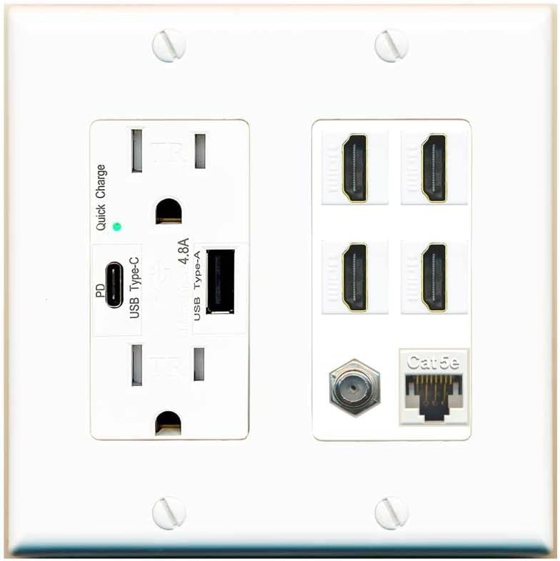 RiteAV USB Charger Outlet 15A/125V USB A/USB-C Ports 4 HDMI 1 Cat5e Ethernet 1 Coax Cable Decorz White Wall Plate