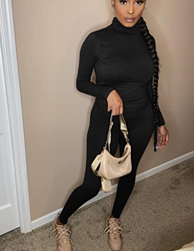 Mokoru Women's Tracksuit 2 Piece Outfits Turtleneck Long Sleeve Shirt Workout Jogger Legging Pants Set, Medium, Black #TOP4