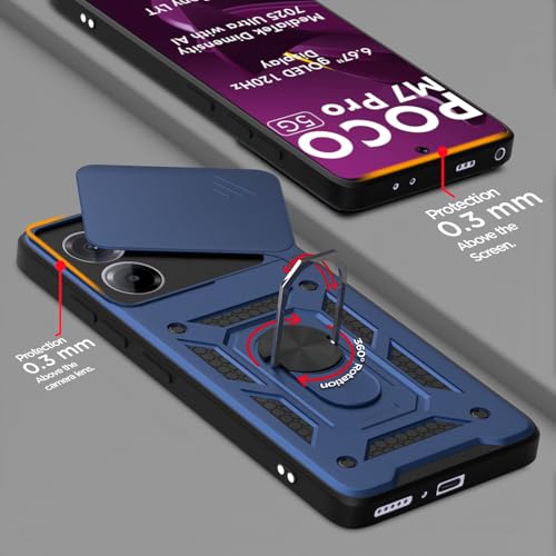 Image of Pikkme Back Cover for Poco M7 Pro 5G | D10 Tough Armor | 360 Protection Case | Sliding Camera Shield Cover & Ring Holder Stand Bumper Case (Blue)