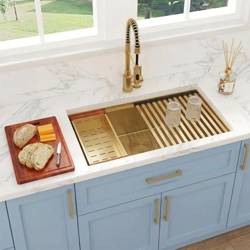 Image of 27 inch Gold Sink,Undermount Single Bowl Kitchen Sinks,16 Gauge Stainless Steel Workstation Kitchen Sink (Gold, 27 X 18 inch)