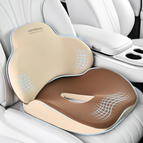 Image of Coverado Car Seat Cushion and Lumbar Support Pillow, Memory Foam Ergonomic Back Support Driving Seat Cushion for Sciatica, Tailbone, Back Pain, Non-Slip Washable Cushion for Car, Driver, Office