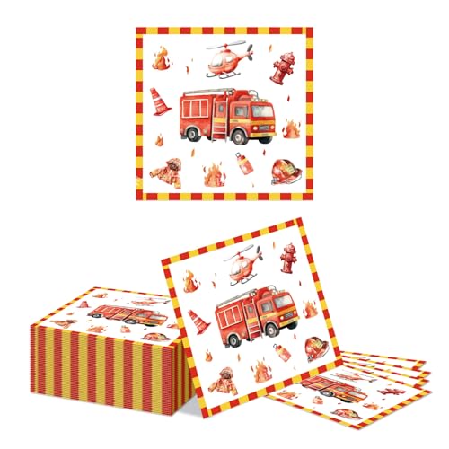 Kotkiddy 40 Pièces Serviettes de Pompier 33x33 cm, Serviettes en Papier Voiture de Pompier pour...