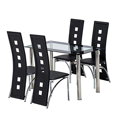 mecor Dining Room Table Set, 5 Piece Glass Kitchen Table and Leather Chairs Kitchen Furniture(Black)