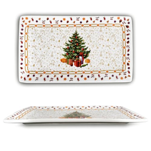 ARCA, Vassoio Albero in Porcellana Rettangolare, con Decorazione Natalizia Albero di Natale con Bordo Oro, Resistente e Duraturo, Ideale per la Tavola, Idea Regalo Natale, 27x16 cm