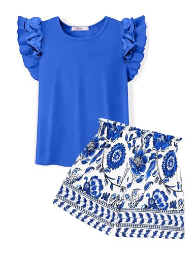 Arshiner Ensemble pour Fille Manches Courtes 2 Pièces Bleu Chemise Short Volants Ensemble Vêtements Enfants Tenue Chic Coton Décontractés Fille avec Poche 13-14 Ans