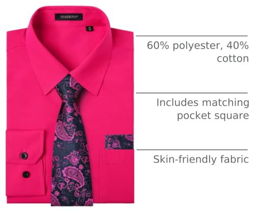 Image of HISDERN Mens Dress Shirt with Tie Pocket Square Set Classic Button Down Shirt Matching Tie Long Sleeve Shirts