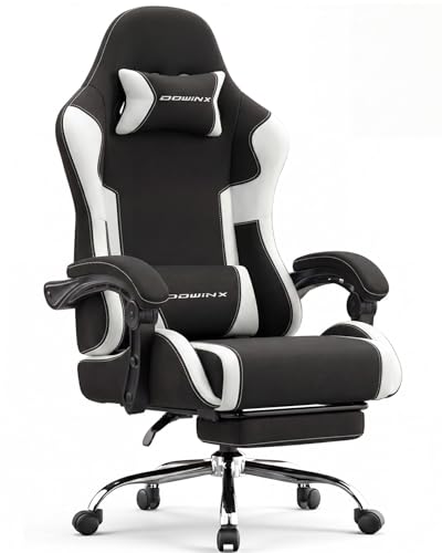 Image of Dowinx Ergonomic Gaming Chair with Footrest & Massage Lumbar, 2D-Linkage Armrests for Computer Chair 330lbs with Headrest Pillow for Office, Home, Streaming and Long Gaming Sessions, Fabric White