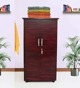 Wood World Furniture Sheesham Wood Wardrobe with 2 Drawer and 5 Shelves Storage for Bedroom Wooden Almirah for Clothes for Living Room Bedroom Home, Solid Wood Furniture (Mahogany Finish)