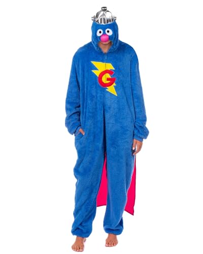 Sesame Street Union Suit Adult Super Grover Costume Lounge Pajama Outfit (Grover Small/Medium)