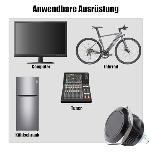 Powice 2X 22mm Taster Wasserdicht Momentaner Schalter aus Edelstahl,Druckschalter Drucktaster 5A/12V/24V/110V/230V,Geeignet für Autos, Zündanlagen, Türklingeln (Flacher Kopf), Schwarz