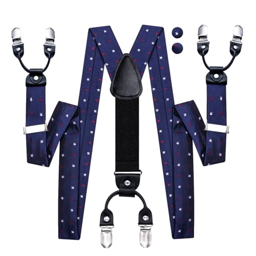 Image of Hi-Tie Men's Suspenders and Tie Set Silk Adjustable Elastic Y Braces with Strong 6 Clips Pocket Square Set