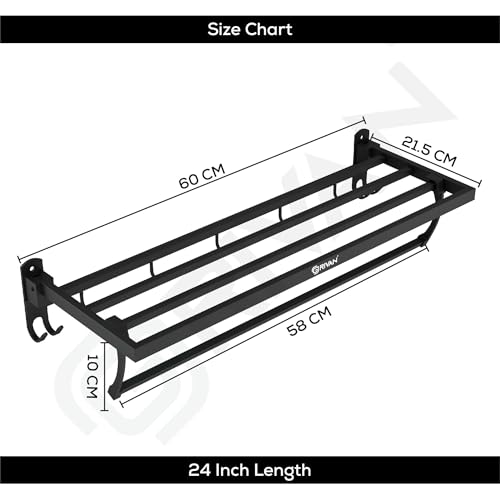 Image of GRIVAN Stainless Steel Towel Holder for Bathroom, 24-inch Bathroom Towel Hanger for Wall with Hooks - Towel Stand in Bathroom (Matte Black Finish)