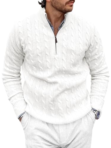 Runcati Mens Quarter-Zip Pullover Sweater Cable Knitted Stand Collar Winter Casual Warm Twisted Knitwear Sweaters