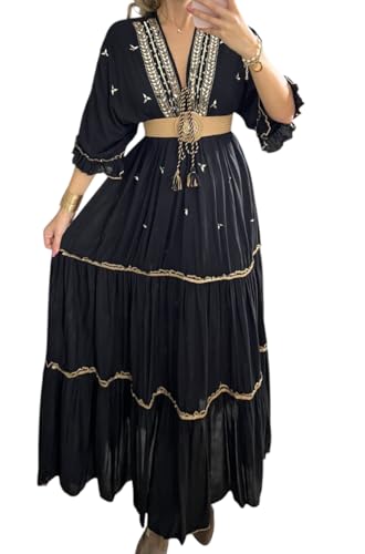 Vestido largo bohemio para mujer, color negro con bordado dorado, cuello en V, manga 3/4, cintura imperio, vestido largo bohemio, patrón de vestido., Negro -, S