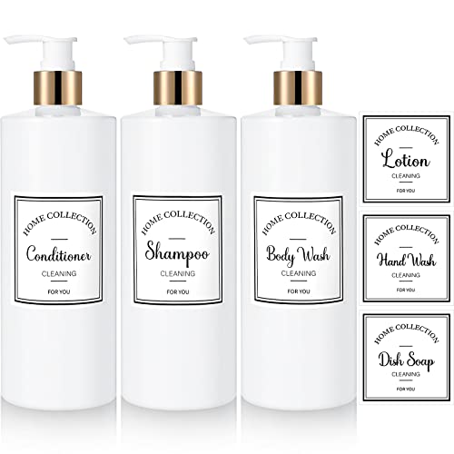 3 Pieces 16oz Pump Bottle Set Shampoo and Conditioner Bottle Plastic Refillable Soap Dispenser Shower Dispenser with 6 Label Sticker for Lotion Body Massage (Gold and White)