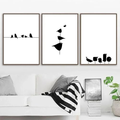 Toile murale oiseaux noirs et blancs pour décoration de salon minimaliste et moderne