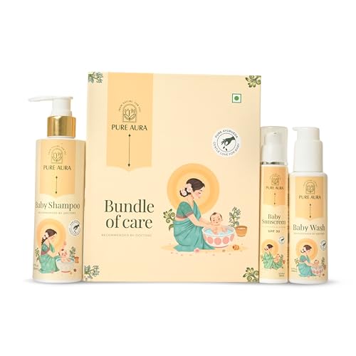 Image of Pure Aura Daylight Defense Trio | Ayurvedic Baby Sunscreen SPF 30, Tear-Free Shampoo & Gentle Wash | Daily Sun Protection & Cleansing | Safe for Newborns | Natural Skincare for Delicate Baby Skin