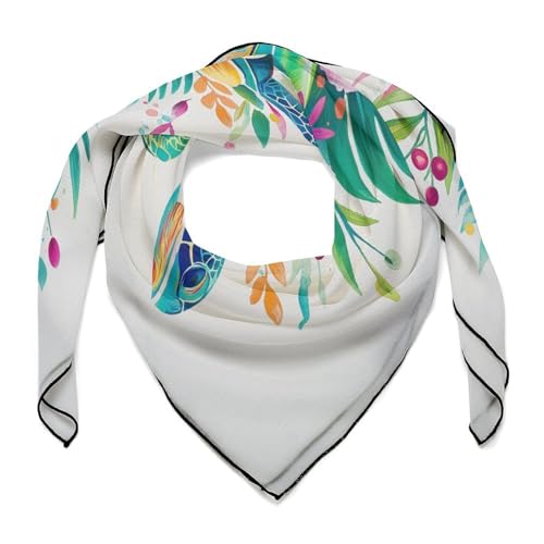 Sea Turtle Swimming Tropical Flowers Hibiscus Women Hair Scarf Square Silk Like Head Scarves Handkerchief Satin Neck Scarf