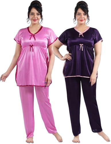 Image of Fabme Women's Satin Plain Kaftan Top & Pyjama Set