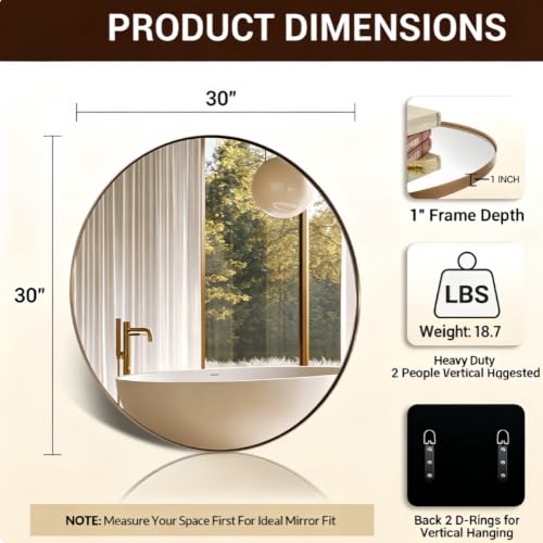 Image of ANDY STAR Champagne Bronze Mirrors for Bathroom, 30 inch Round Vanity Mirror | Anti-Rust SUS304 Metal Frame, 1'' Deep, Wall-Mounted, Ideal for Bathroom, Bedroom, Entryway
