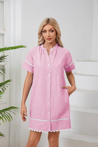 Image of Women's Summer Shirt Dress Short Sleeve Button Down Mini Tie Waist Belted Tunic with Pockets RIC Rac Trim