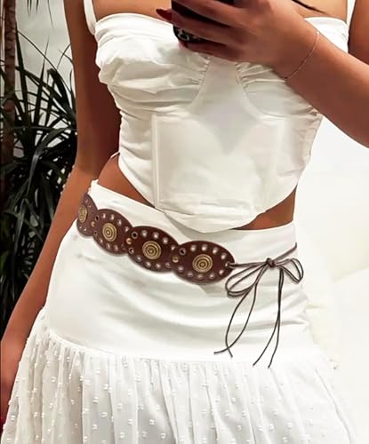 Vintage Western Leather Belt for Women - Round Biscuit Waist Belt with Concho Buckle - Boho Style Turquoise Belt for Dress3