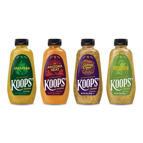 Image of Koops' Sweet & Heat Mustard Variety Pack - Jalapeno, Arizona Heat, Horseradish, & Honey Dijon - Gluten-Free, Kosher, Made in USA, From Quality Mustard Seeds - 12 Oz, Pack of 4