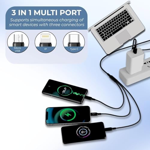 Image of Umake 100W 3-in-1 Fast Charging Cable 1M, USB to Type-C, 8 Pin & Micro USB Nylon Braided Data Sync Cord Compatible with Vivo, Samsung, Oppo, Redmi & OnePlus (BIS Certified)