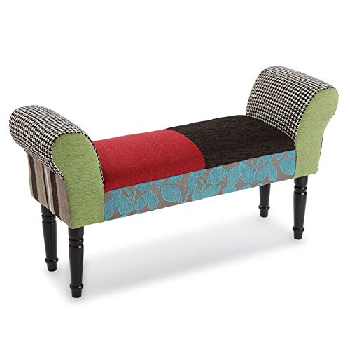 Versa Taburete Banco pie de Cama BL/GR Patchwork, Madera, Verde, Negro, Rojo, Azul, Gris, 53 x 32 x 100 cm