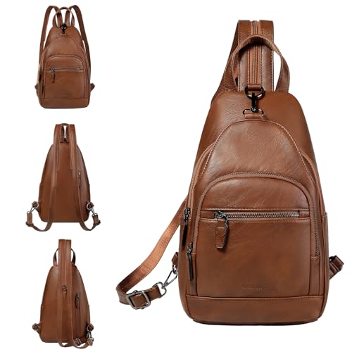 RAVUO Mochila Mujer Pequeña Casual Bolso Mochila Bandolera de Cuero PU Moda Bolsos Pecho de Piel Mini Crossbody Sling Bag para Viaje Trabajo,Marrón