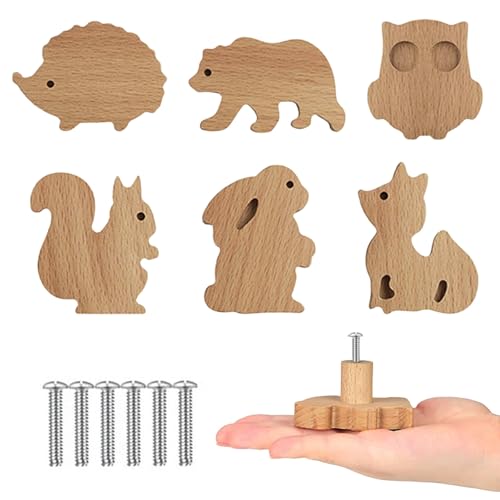 MHwan Poignée Meuble, 6 Pièces Boutons en Bois Massif, Motif Animaux Mignons, Texture Naturelle,...