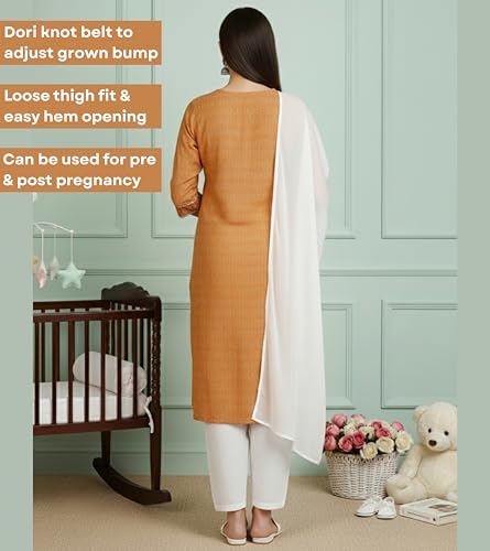 Image of DUMMY SHAPE Feeding Dresses for Women Full Set | Cotton Blend Floral Embroidered Kurta Pant Dupatta Suit with Nursing Zippers to Pre & Post Pregnancy | Gift for Pregnant Woman