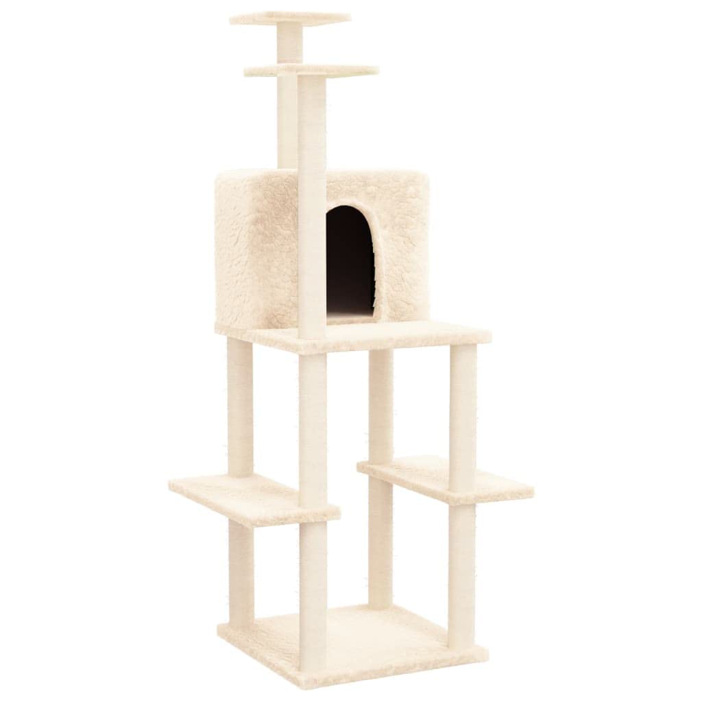 Kratzbaum 144,5 cm hoher Katzenturm mit Sisalstämmen Creme | Mehrstufiges Katzenmöbel mit Kuschelhöhle und Plattformen für das Wohnzimmer. Stabil und platzsparend.