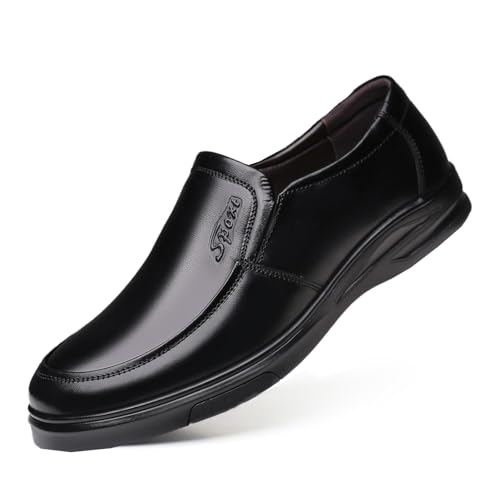 Men's Genuine Leather Slip-On Platform Dress Loafers Classic Round Toe Comfortable Non-Slip Business Casual Dress Work Shoes for Office Party Prom