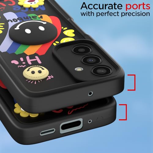 Image of Pikkme Back Cover for Samsung Galaxy M35 5G | Soft Silicone| Cute Rainbow Smile & 3D Cartoon Flower Design | Shockproof Raised Camera Protection Bumper Case (Black)