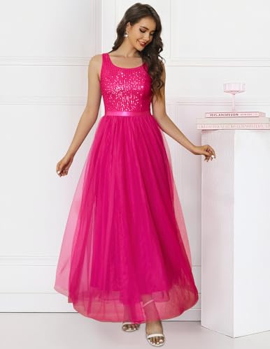 Image of BeryLove Sequin Dress for Woman Vintage A Line Wedding Formal Swing Mesh Dress Sleeveless Cocktail Maxi Gowns
