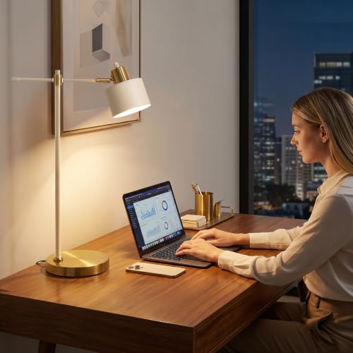Image of OYEARS 22.2 inch Modern Desk Lamp, Metal Table Lamp with LED Bulb, Adjustable Reading Lamps for Living Room, Mid Century Nightstand Lamp for Home Office, Industrial Bedside Lamps, Cream and Gold